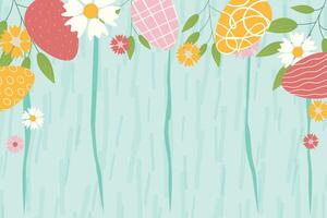 Easter background for banner, template. Trendy Easter design with flowers, eggs, in pastel colors with wooden texture on background. Flat illustration. vector