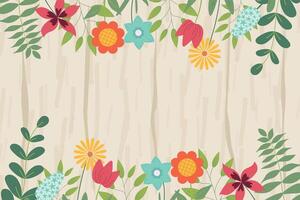 Hand sketched background, illustration. Borders with leaves and flowers for greeting card, invitation template in pastel colors on wooden texture background. Retro, poster, background. vector