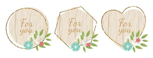Wooden design elements set with flowers and text For You. wood board, frame, badge, label, shield, signboard collection. Brown background with text. illustration. vector
