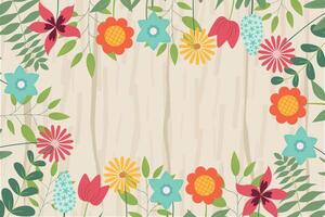 Hand sketched background, illustration. Borders with leaves and flowers for greeting card, invitation template in pastel colors on wooden texture background. Retro, poster, background. vector