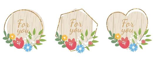 Wooden design elements set with flowers and text For You. wood board, frame, badge, label, shield, signboard collection. Brown background with text. illustration. vector