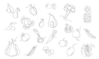 Set of outline Fruits, Vegetables and berries. illustration isolated on white background. One line art Style. Collection with organic food. Can be also used like Banner, Flyer, Texture. vector