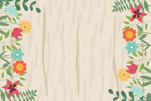 Hand sketched background, illustration. Borders with leaves and flowers for greeting card, invitation template in pastel colors on wooden texture background. Retro, poster, background. vector