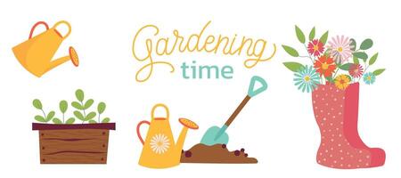 jardinería hora conjunto de ilustración. riego poder, plantas, verduras, rojo caucho botas. primavera jardinería concepto. ilustraciones en blanco antecedentes para póster, icono, tarjeta, logo, etiqueta vector