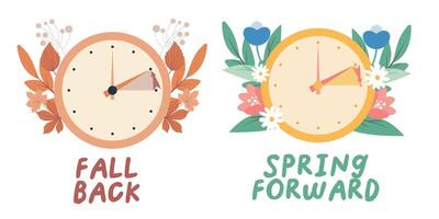 Spring forward and fall back concept in flat style, change clock forward and back one hour, Daylight Saving Time web reminder banner. Minimalist aesthetic web banner. vector