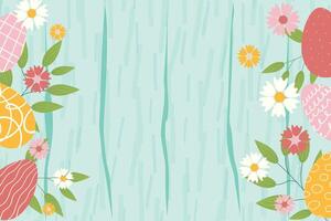 Easter background for banner, template. Trendy Easter design with flowers, eggs, in pastel colors with wooden texture on background. Flat illustration. vector