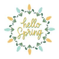 Hand drawn lettering Hello spring card with decorative floral frame, illustration for greeting card, invitation template. Retro, vintage lettering banner, poster, background. vector