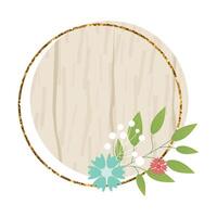 Wooden circle sign element with flowers. wood board, frame, badge, label, shield, signboard collection. Brown background for your text. illustration. vector