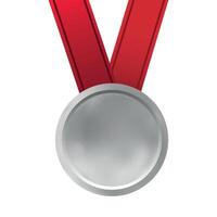 Silver Medal . Silver 2nd Place Badge. Sport Game Silver Challenge Award. Red Ribbon. graphic design isolated illustration. Realistic illustration. vector