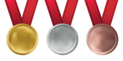 Set of Medals . Golden, silver, bronze Badge. Sport Game Challenge Awards. Red Ribbon. graphic design isolated illustration. Realistic illustration. vector