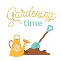 Gardening time. Garden tools, watering can and shovels. Spring gardening concept. illustration on white background for poster, icon, card, logo, label vector