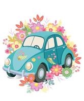 blue car retro,vintage with flowers background vector