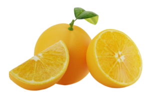 sweet and fresh whole and sliced oranges with leaf realistic 3d render illustration element composition cutout isolated background png