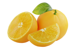 sweet and fresh whole and sliced oranges with leaf realistic 3d render illustration element composition cutout isolated background png