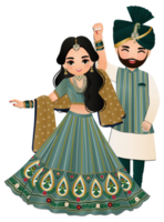 Cute couple dance in traditional indian dress cartoon characters bride and groom png