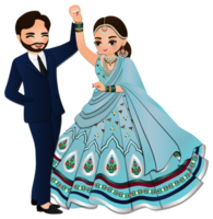 carino coppia danza nel tradizionale indiano vestito cartone animato personaggi sposa e sposo png