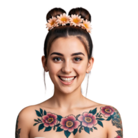 Young woman with half up buns and floral tattoo cute face seething eyes delighting mouth. Essence of diverse femininity. png