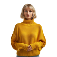 un' donna nel un' giallo maglione in piedi con sua mani su sua fianchi ai-generativo png