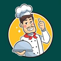 chef holding a tray with a plate and thumb vector