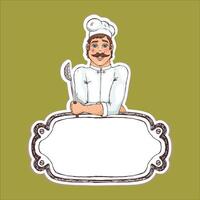 chef holding a fork and spoon with a blank sign vector