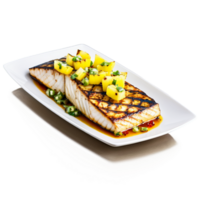 Grilled mahi mahi fillet char marks garnished with pineapple salsa photographed straight on png