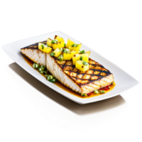 A la parrilla mahi mahi filete carbonizarse marcas adornado con piña salsa fotografiado Derecho en png