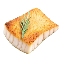 halibut fillet, pan-seared with a golden crust, accompanied by a sprig of fresh rosemary, delicates sea food, isolated on transparent background png