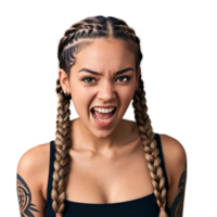 Young woman with half up braids and tribal tattoo cute face squinting eyes screaming mouth. Essence of diverse femininity. png