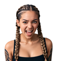 joven mujer con medio arriba trenzas y tribal tatuaje linda cara bizco ojos gritando boca. esencia de diverso feminidad. png