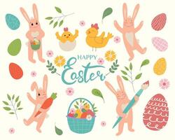 Set of Easter elements. Eggs, chicken, rabbits, flowers, branches, basket. Perfect for holiday decoration and spring greeting cards. Flat illustration in pastel colors on beige background. vector