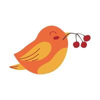 Cute little bird holding branch with berries. Welcome Fall concept. Cartoon animal character for kids t-shirts, nursery decoration, greeting card, invitation, house interior. illustration vector