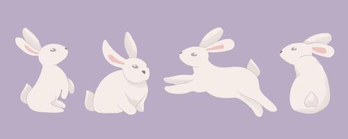 Easter bunny trendy set. Set of cute white rabbits or hares. Flat cartoon colorful illustration vector