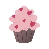 illustration of small cupcake with pink cream icing and decoration of hearts in cartoon style. clipart with muffin and cream. birthday celebration, holidays concept. vector