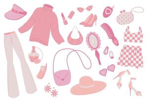 Glamorous pink barbiecore set. Different elements on white background - bags, clothes, mirror, cellphones, hat, sunglasses, perfume, hairlclips, hairbrush, earrings, shoes. Illustrations set. vector