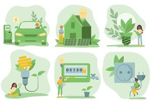 Sustainability illustration set in flat style. Energy saving light bulb, electric vehicle, solar panels, unplugging appliances, home utilities. Green electricity and power save concept. vector