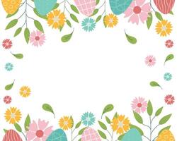 Hand sketched background, illustration for Easter. Borders with leaves, eggs and flowers for greeting card, invitation template. Retro, vintage lettering banner, poster, background. vector