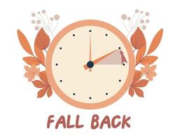 Fall back concept in flat style, change clock back one hour, Daylight Saving Time Ends web reminder banner. Clocks with arrow hand turning back an hour. Minimalist aesthetic web banner. vector