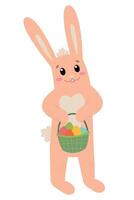 Easter bunny rabbit cartoon character holding basket full of painted Easter eggs isolated on white background. Trendy Easter design. Flat illustration for poster, icon, card, logo, label. vector