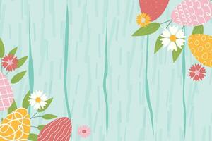 Easter background for banner, template. Trendy Easter design with flowers, basket of easter eggs, in pastel colors with texture on wooden background. Flat illustration. vector