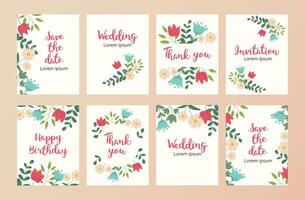 Set of cards with flowers and leaves. Wedding ornament concept, pastel colors. decorative greeting card or invitation design background vector