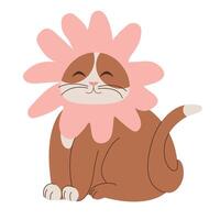 adorable rechoncho gato con rosado flor en su cabeza. gracioso linda mascotas. dibujos animados ilustración aislado en blanco antecedentes. diseño para póster, icono, tarjeta, logo, etiqueta, bandera, pegatina. vector