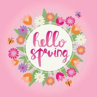 Hello spring card with decorative floral frame, illustration, pink background with copy space and lettering vector