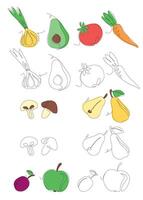 Fruits and vegetables in continuous line art drawing style. Minimalist black linear sketch and color options isolated on white background. illustration vector