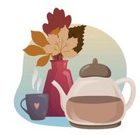 Autumn Tea time. Kettle and mug with tea, autumnal leaves. Delicious tea-party for breakfast isolated on gradient background for tea party, menu, shop. Graphic design for Autumn vector