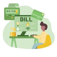 Sustainability illustration in flat style. Energy efficiency in household and industry. Person checks heating meter and pays household utility bill on website. Home energy efficiency audit concept. vector