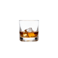 Whiskey glass short and stout with a heavy base one empty and one filled with png