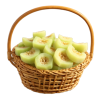 Dried honeydew melon pieces in a sophisticated wicker basket light green with a matte finish png