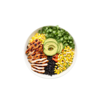 Southwest chicken salad elements above prepared bowl blackened chicken corn and black beans drifting regally png