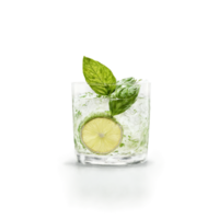 Gin basil smash with muddled leaves and lime wedge splashing out of glass Food and png