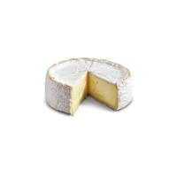 Camembert cheese wheel with cut wedge and gooey center oozing out Food and culinary concept png